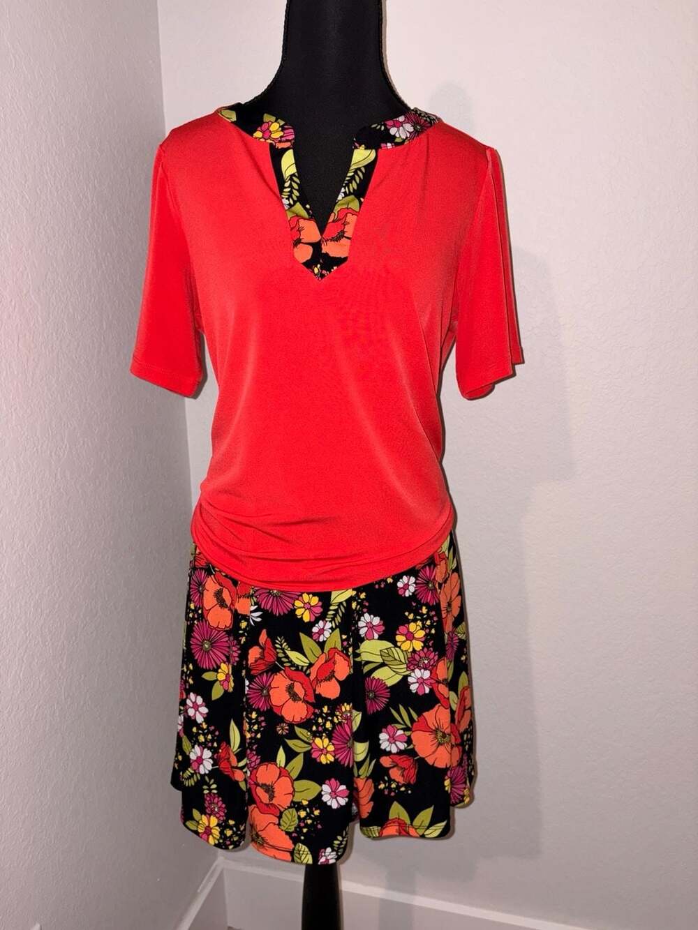 Susan Graver Short Sleeve V-Neck Top and Floral Skort Set